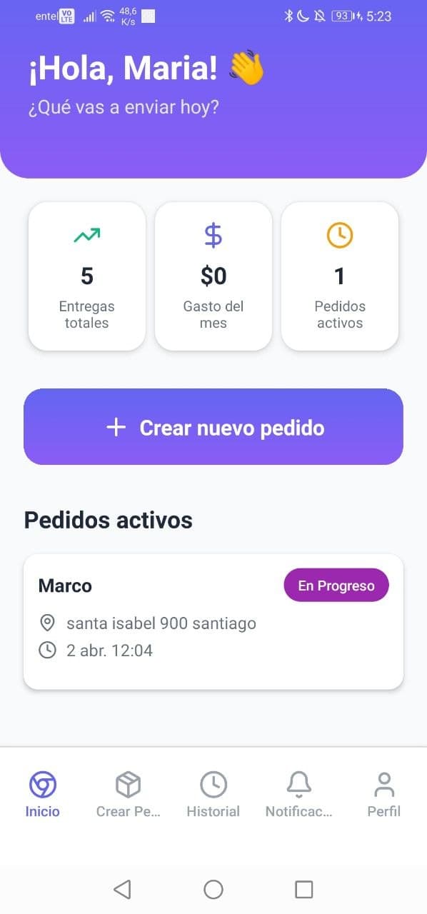 Captura de app cliente Golleva: resumen de envíos y crear nuevo pedido