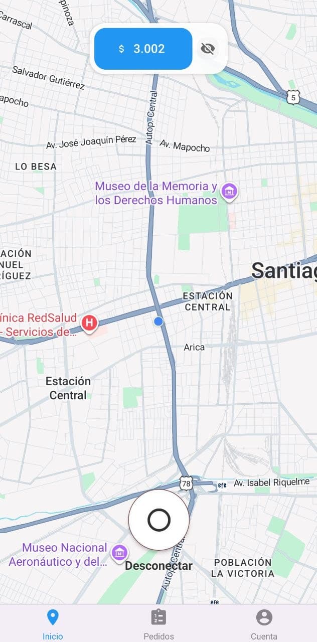 App rider: pantalla de inicio con mapa y disponibilidad para reparto