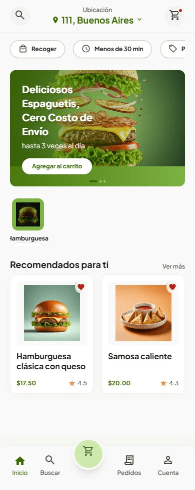 Captura de app móvil Genbia: inicio de pedidos de comida con ubicación y recomendados